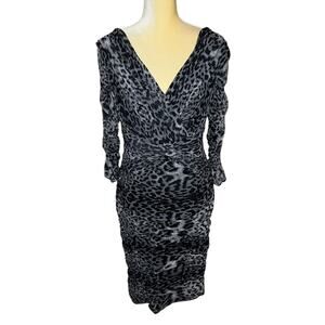 Tadashi Shoji EUC Ruched V-Neck Dress Animal Print Leopard Size Medium
